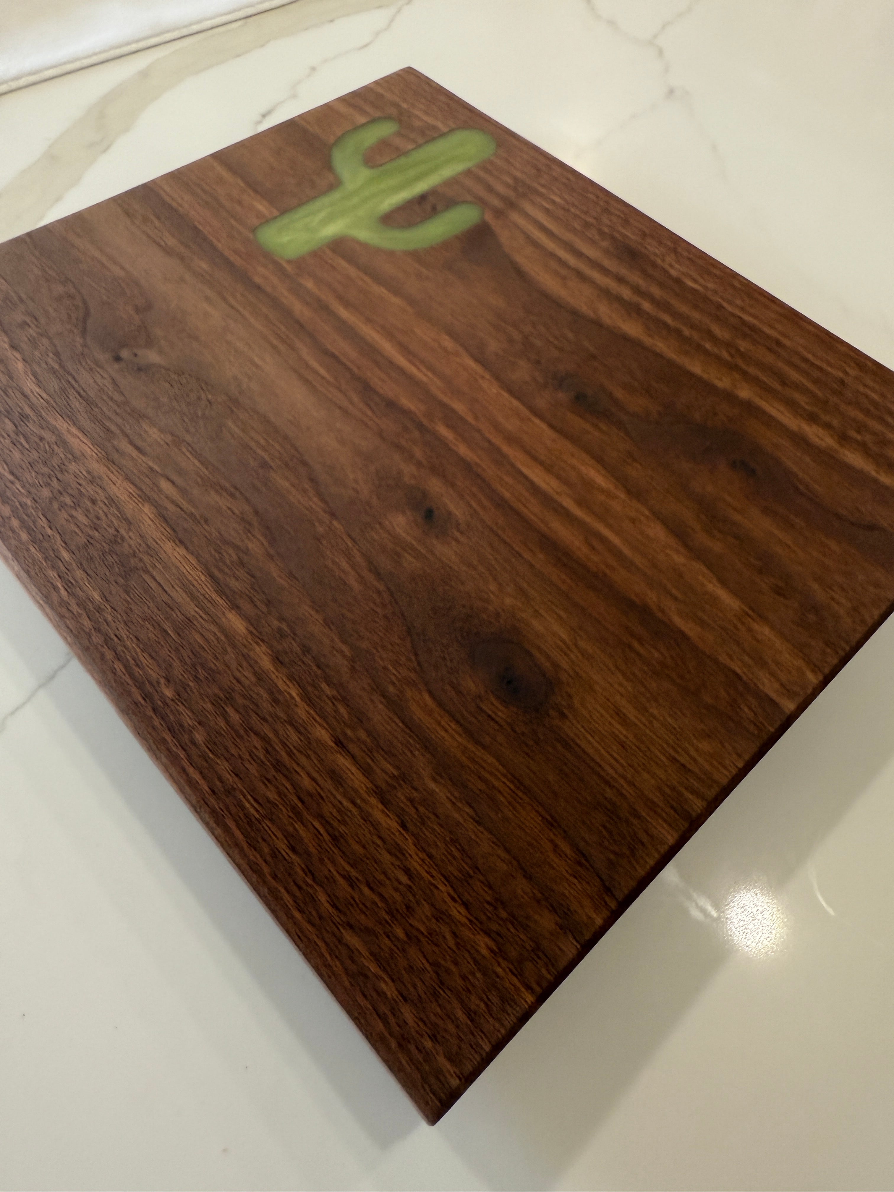 Green Sahuaro Cactus Epoxy Inlay on a Piece of Beautiful Walnut Wood Cutting Board