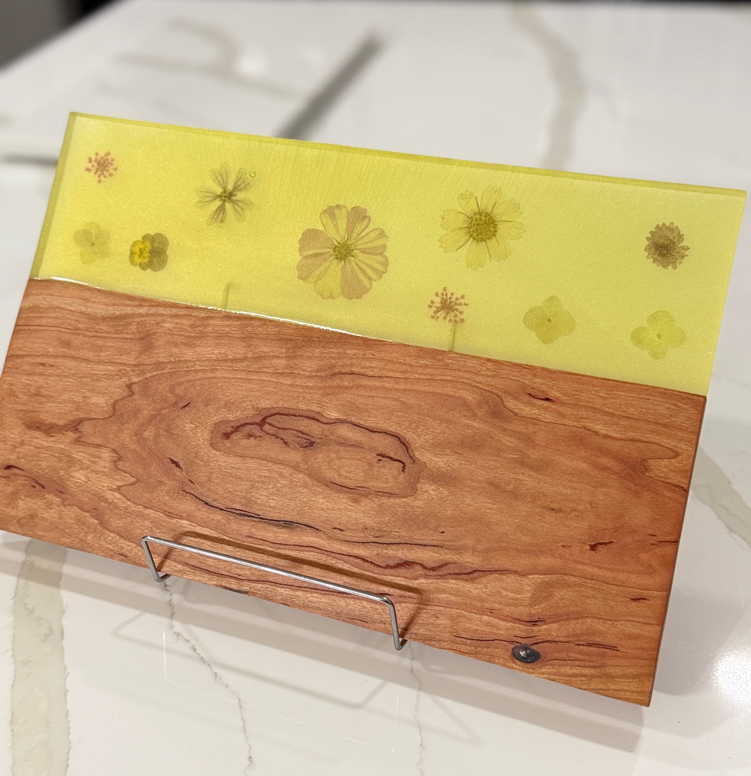 Yellow Tinted epoxy with Pressed Flowers on Cherry Wood