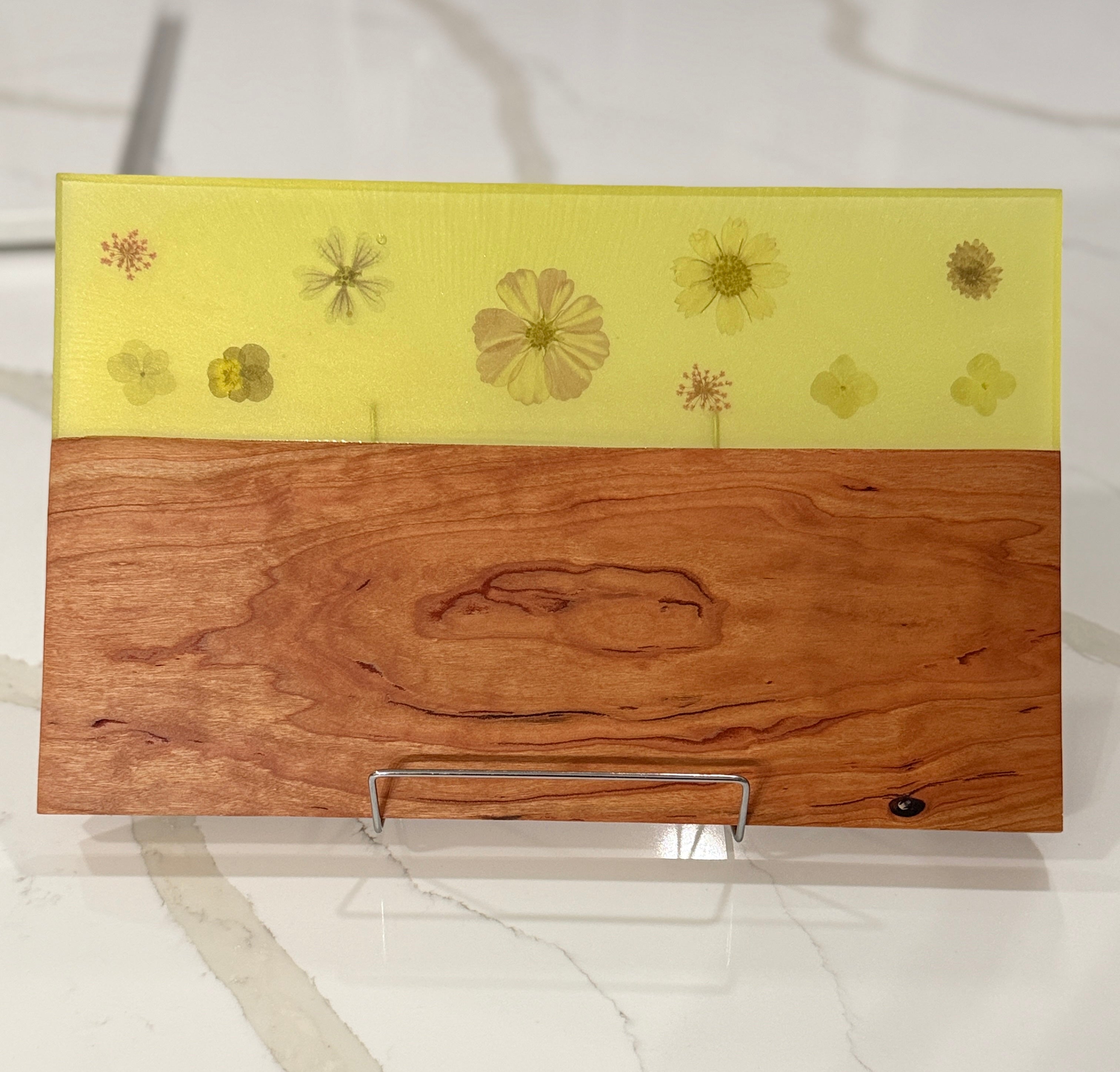 Yellow Tinted epoxy with Pressed Flowers on Cherry Wood