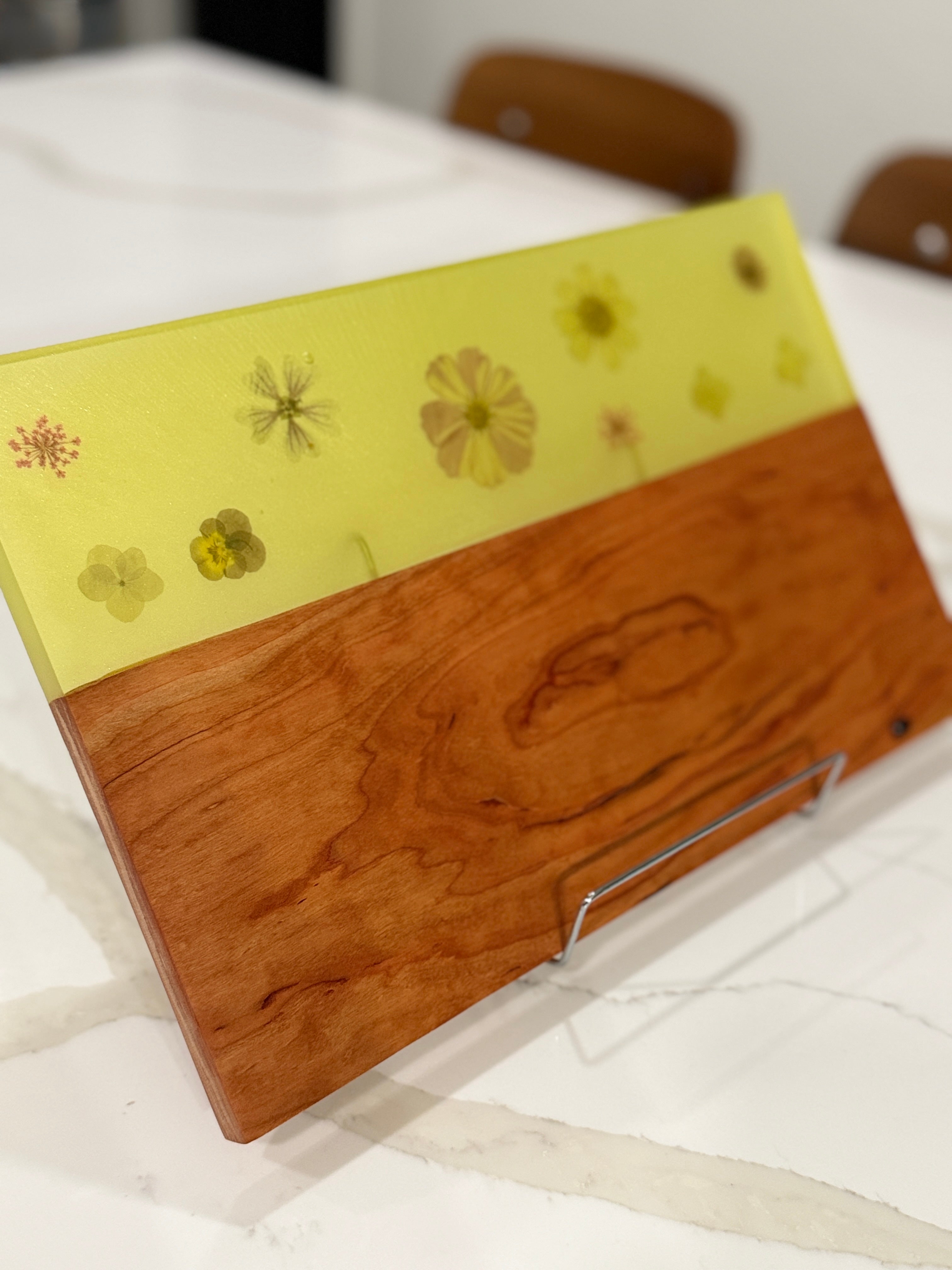 Yellow Tinted epoxy with Pressed Flowers on Cherry Wood