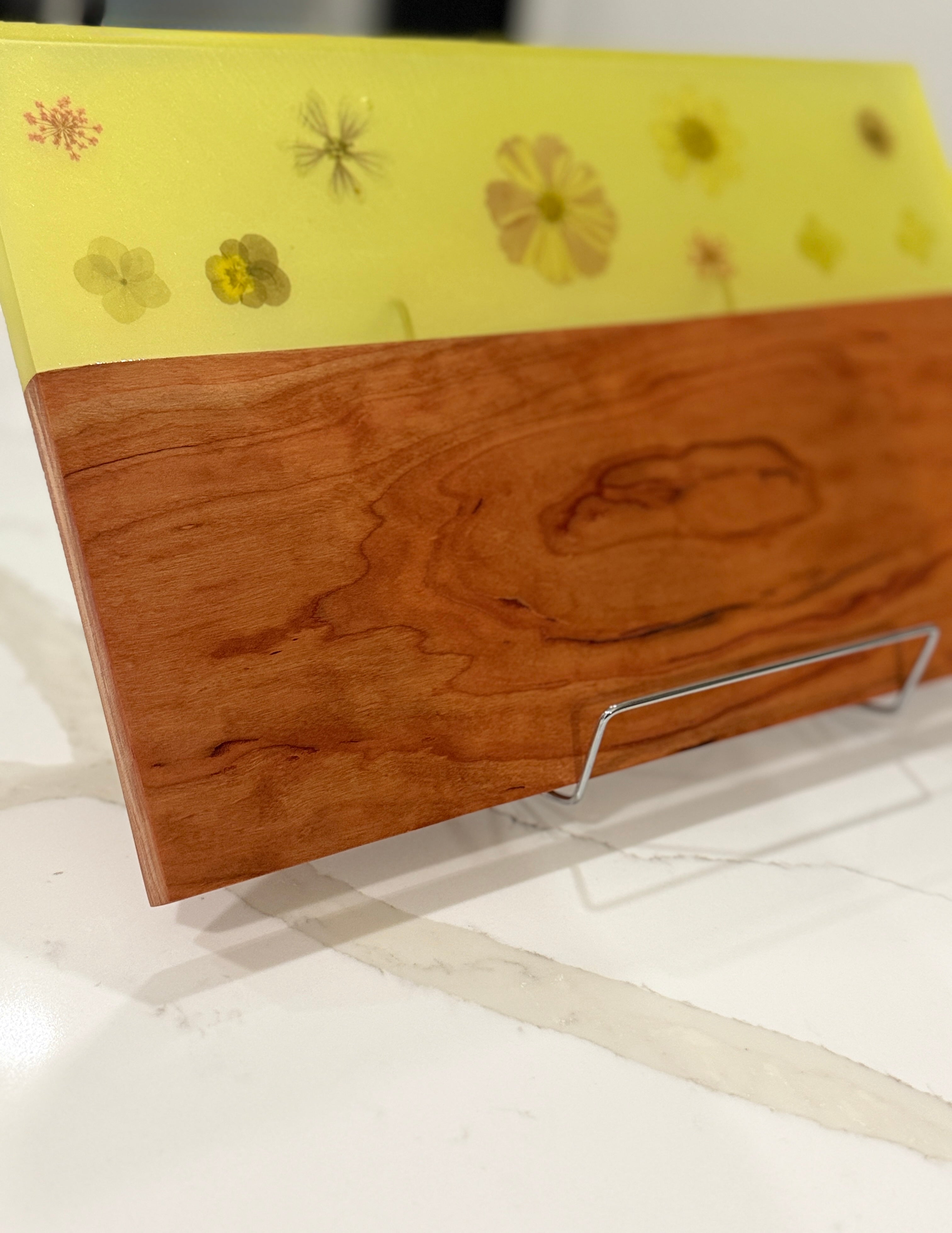 Yellow Tinted epoxy with Pressed Flowers on Cherry Wood