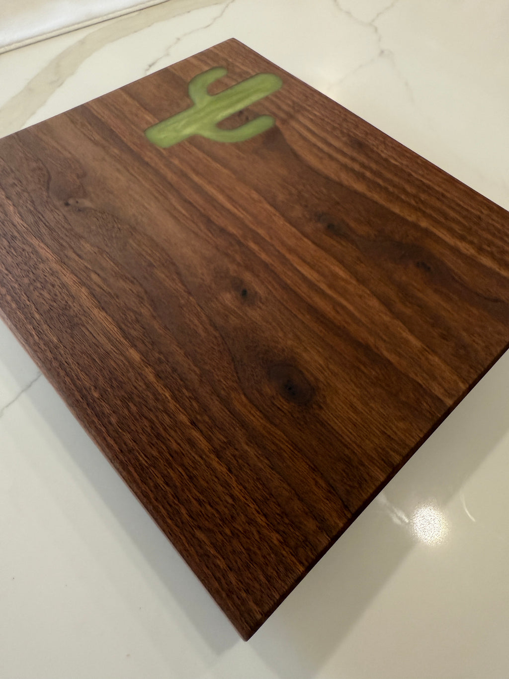 Green Sahuaro Cactus Epoxy Inlay on a Piece of Beautiful Walnut Wood Cutting Board