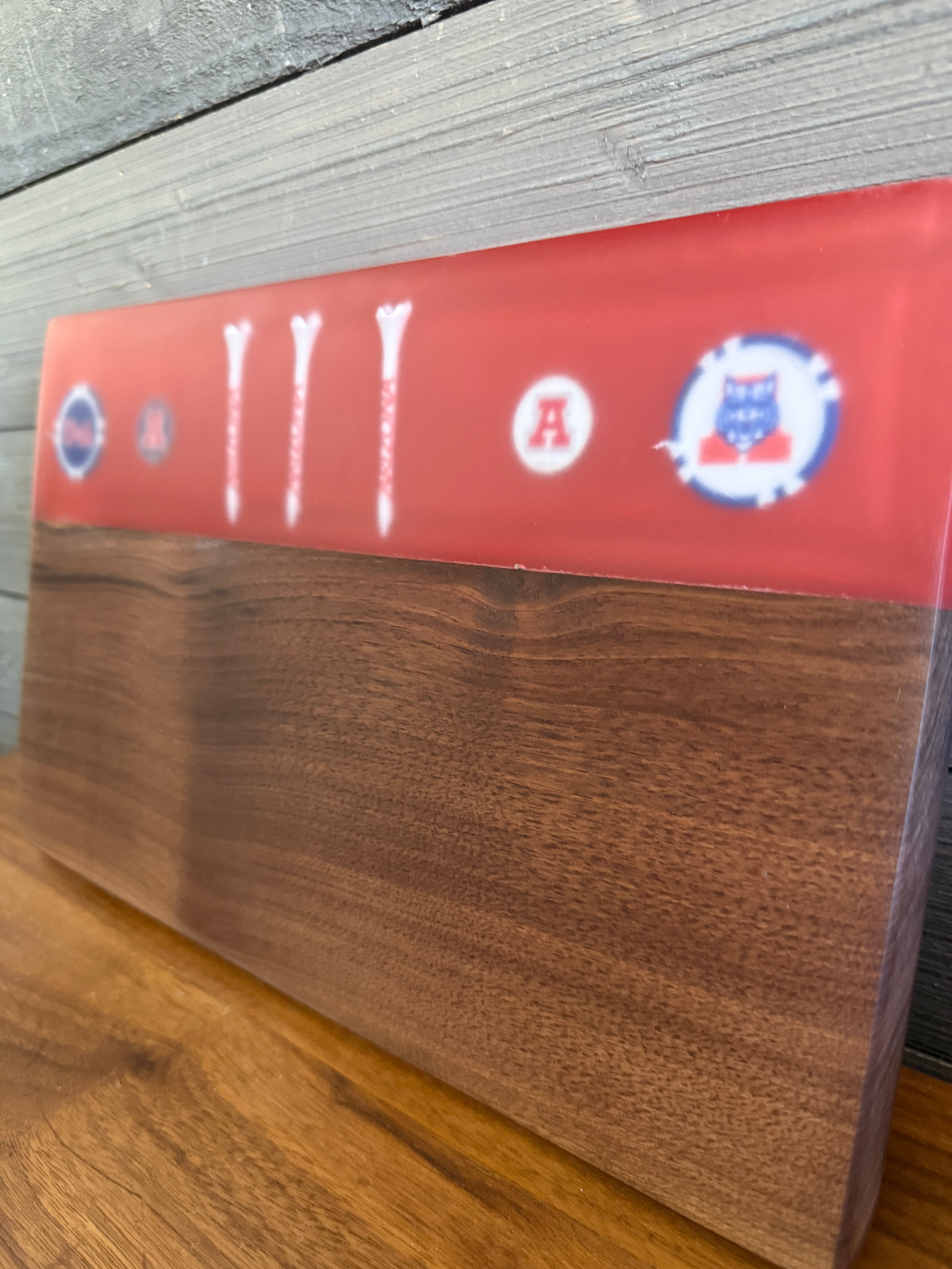 University Of Arizona Themed Cutting Board Embedded with Arizona Logos.  Beautiful thick Walnut Wood.