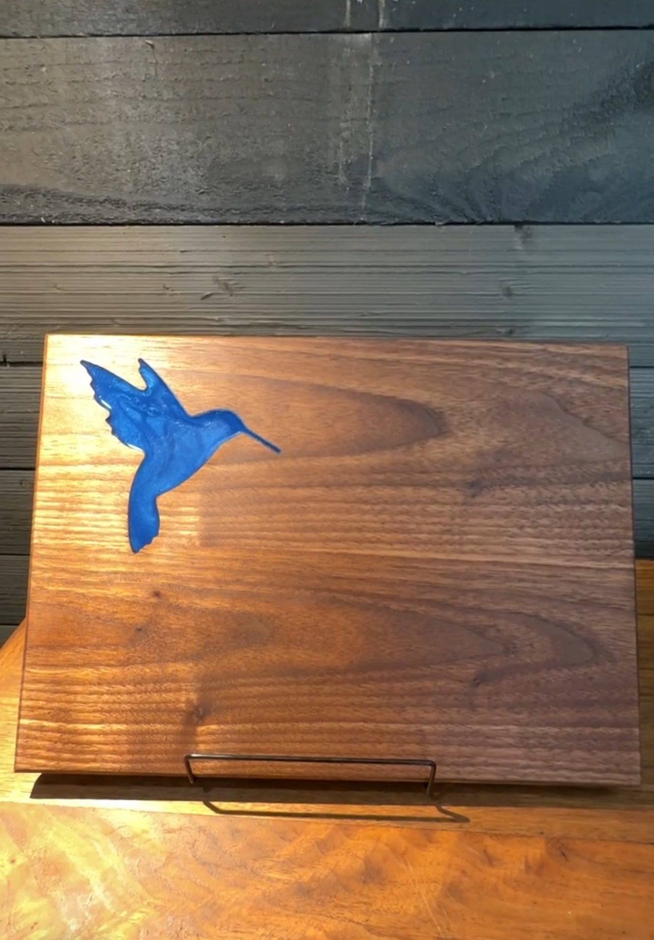 Blue Epoxy Hummingbird Inlay Cutting Board with Walnut Wood