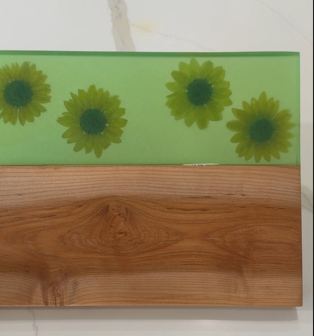 Sunflowers Embedded in Epoxy with Beautiful Maple Wood Surface.