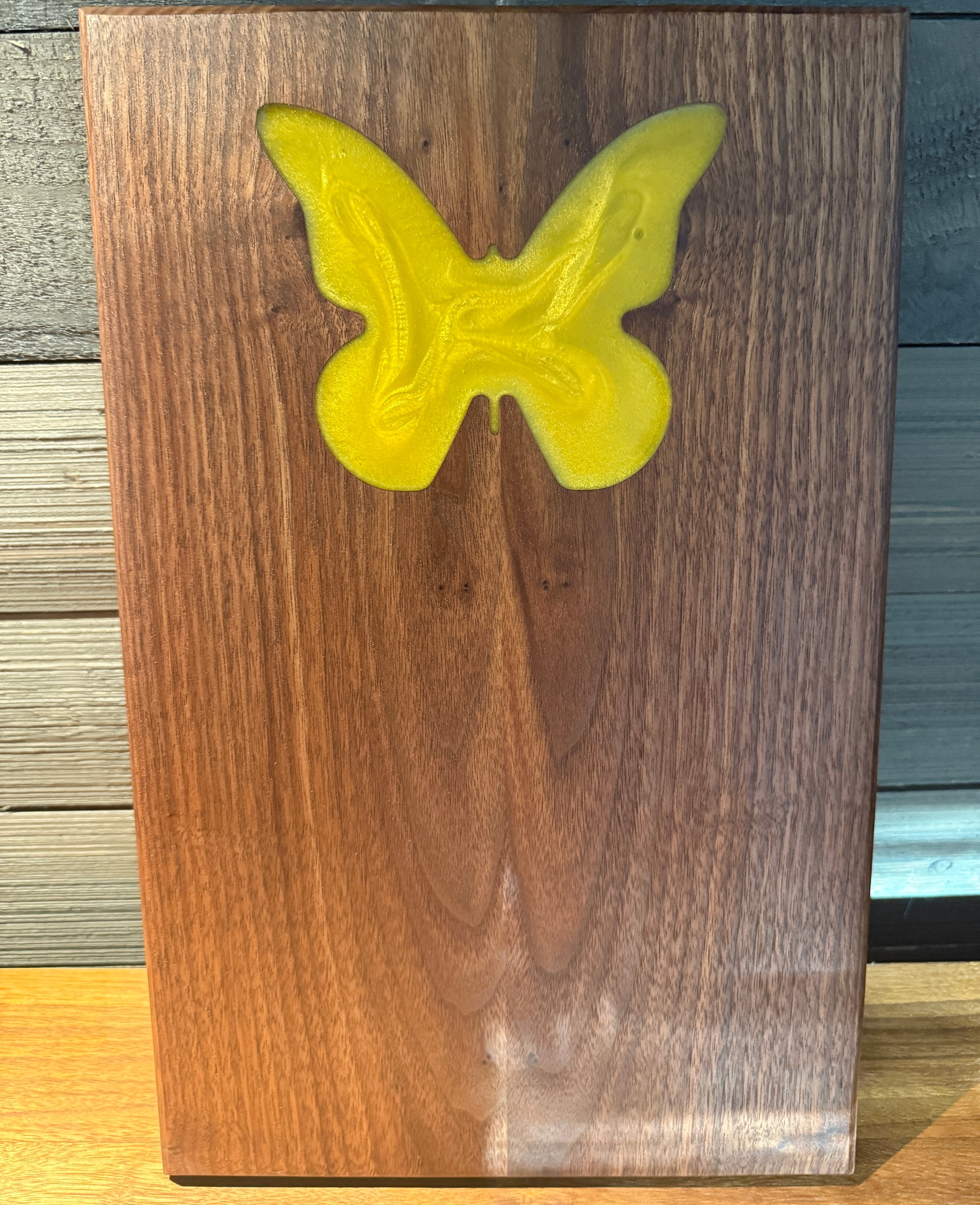 Intense Yellow epoxy Inlay Butterfly Cutting Board with Beautiful Book Matched Walnut Wood