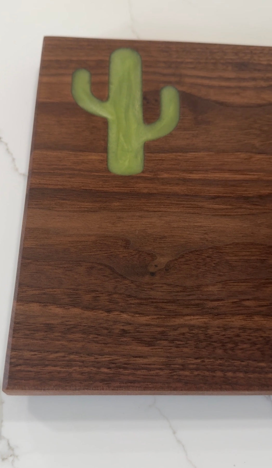 Green Sahuaro Cactus Epoxy Inlay on a Piece of Beautiful Walnut Wood Cutting Board