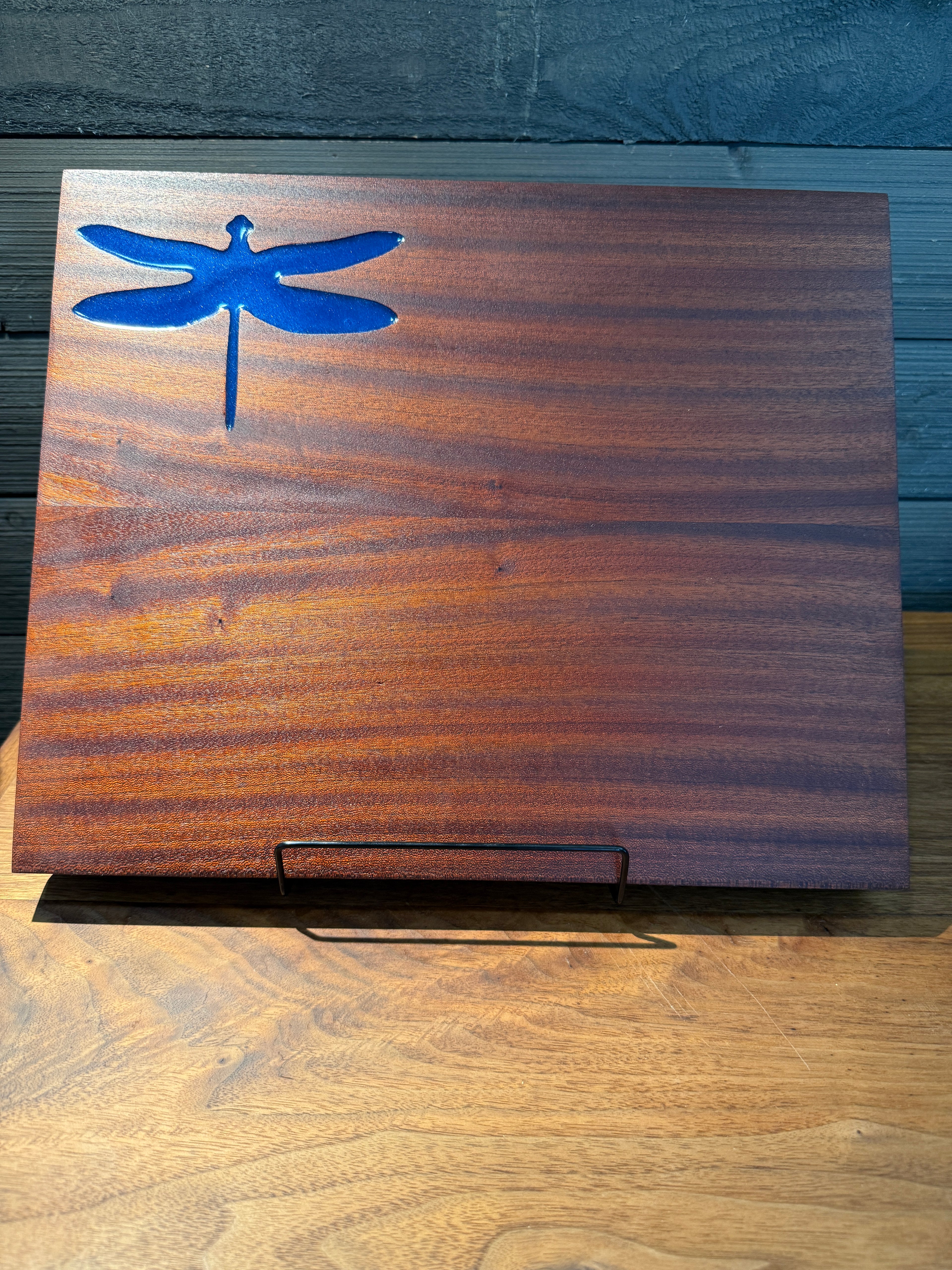 Mahogany cutting board with dragonfly Epoxy Inlay