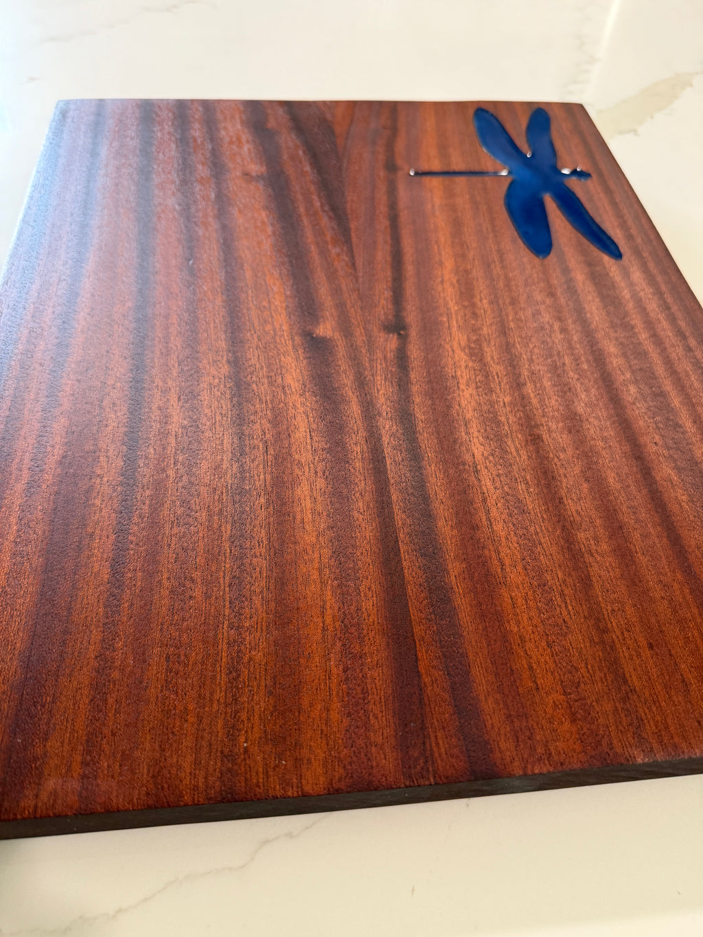 Mahogany cutting board with dragonfly Epoxy Inlay