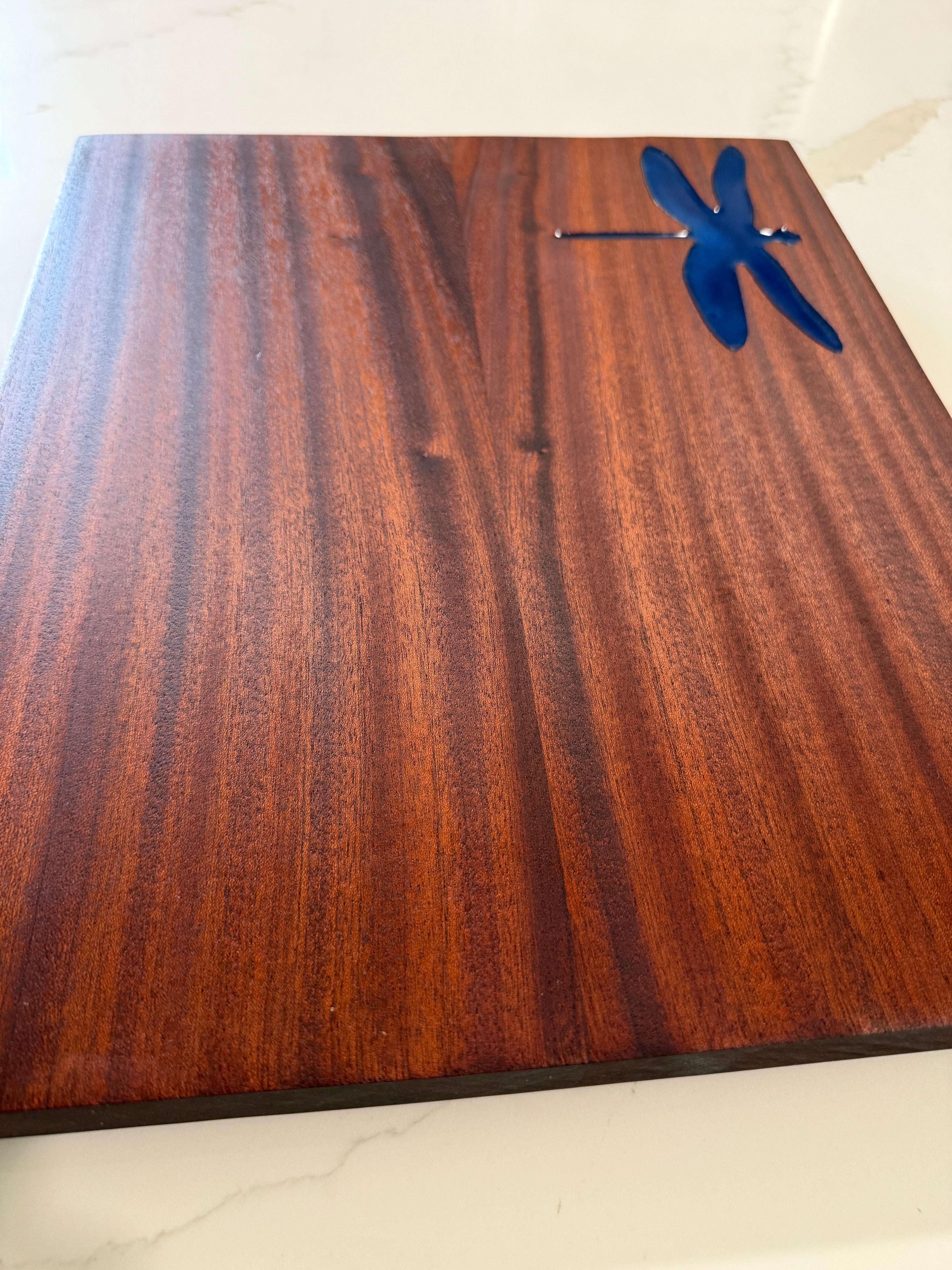 Mahogany cutting board with dragonfly Epoxy Inlay