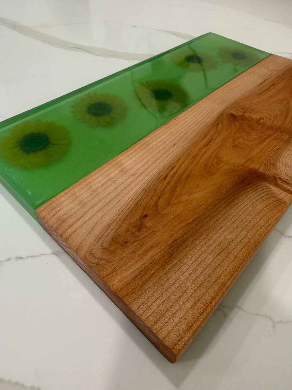 Sunflowers Embedded in Epoxy with Beautiful Maple Wood Surface.