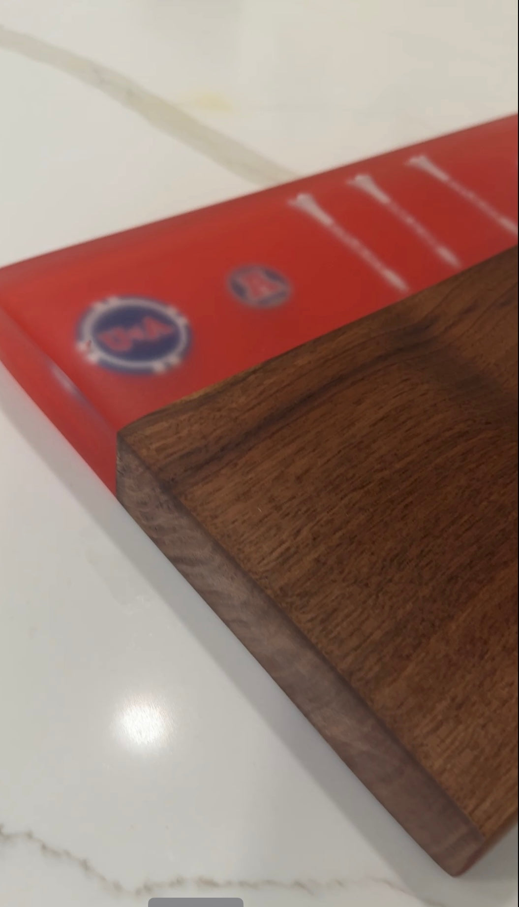 University Of Arizona Themed Cutting Board Embedded with Arizona Logos.  Beautiful thick Walnut Wood.