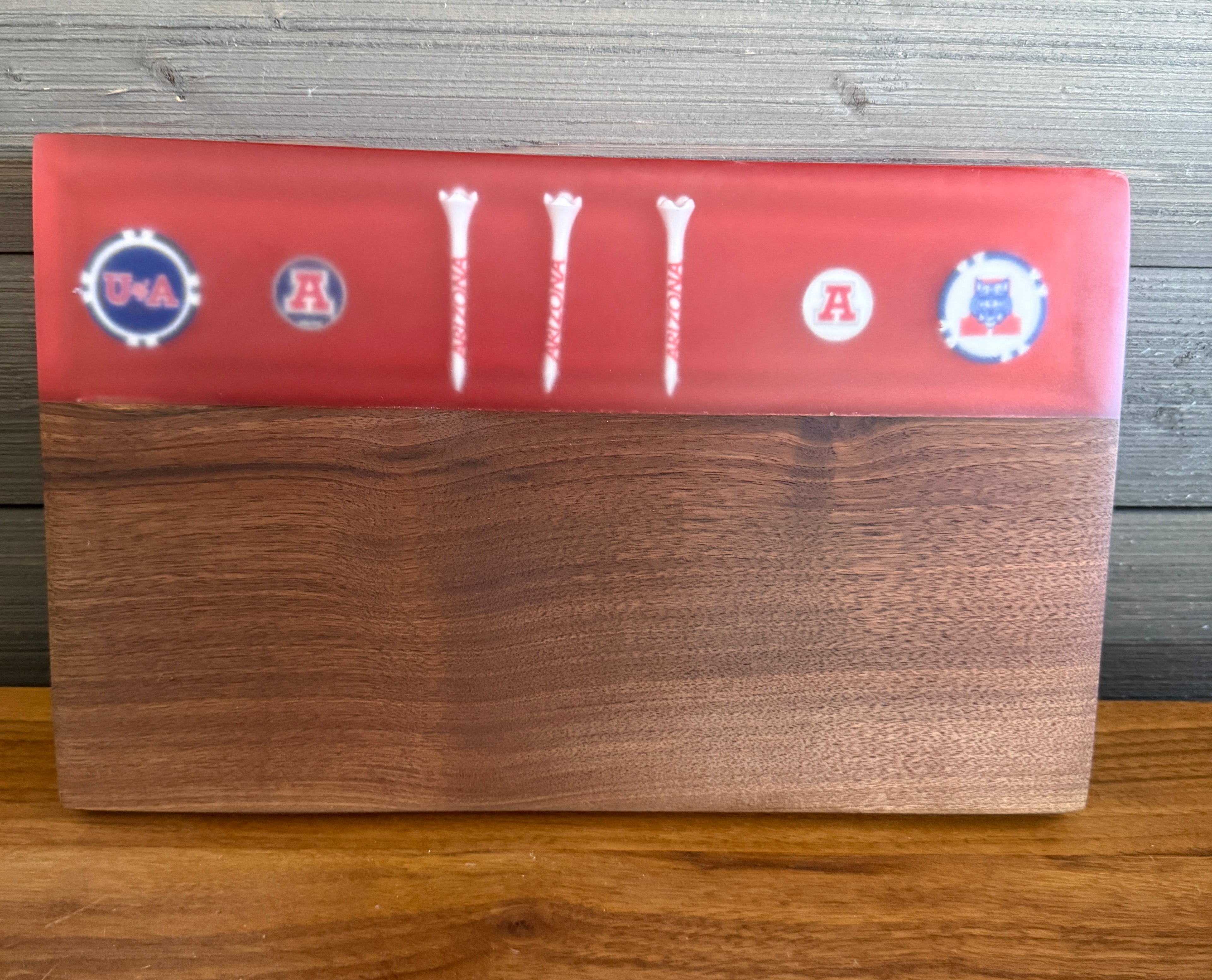 University Of Arizona Themed Cutting Board Embedded with Arizona Logos.  Beautiful thick Walnut Wood.