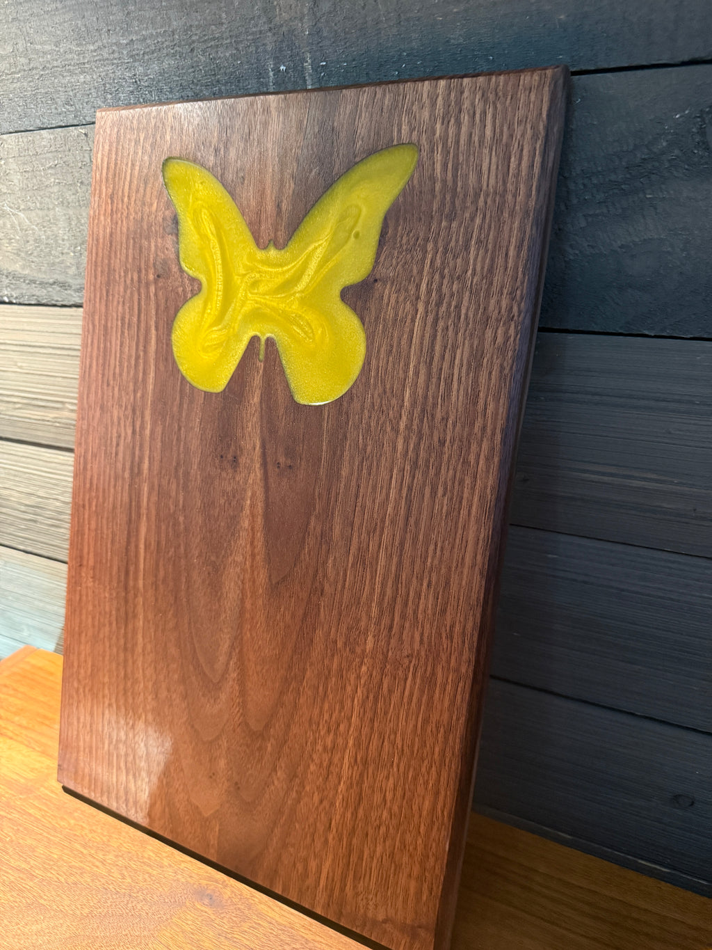 Intense Yellow epoxy Inlay Butterfly Cutting Board with Beautiful Book Matched Walnut Wood