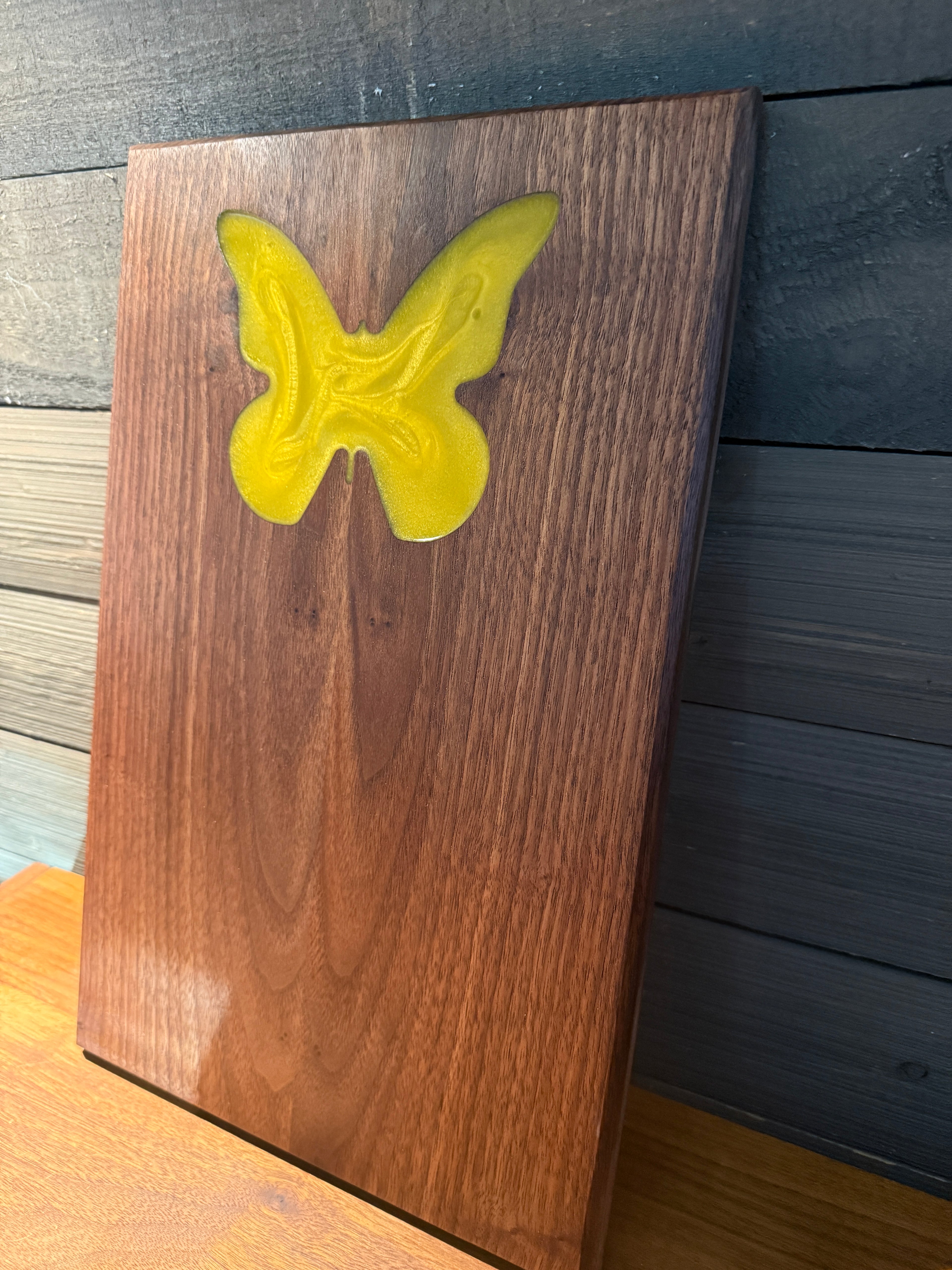 Intense Yellow epoxy Inlay Butterfly Cutting Board with Beautiful Book Matched Walnut Wood