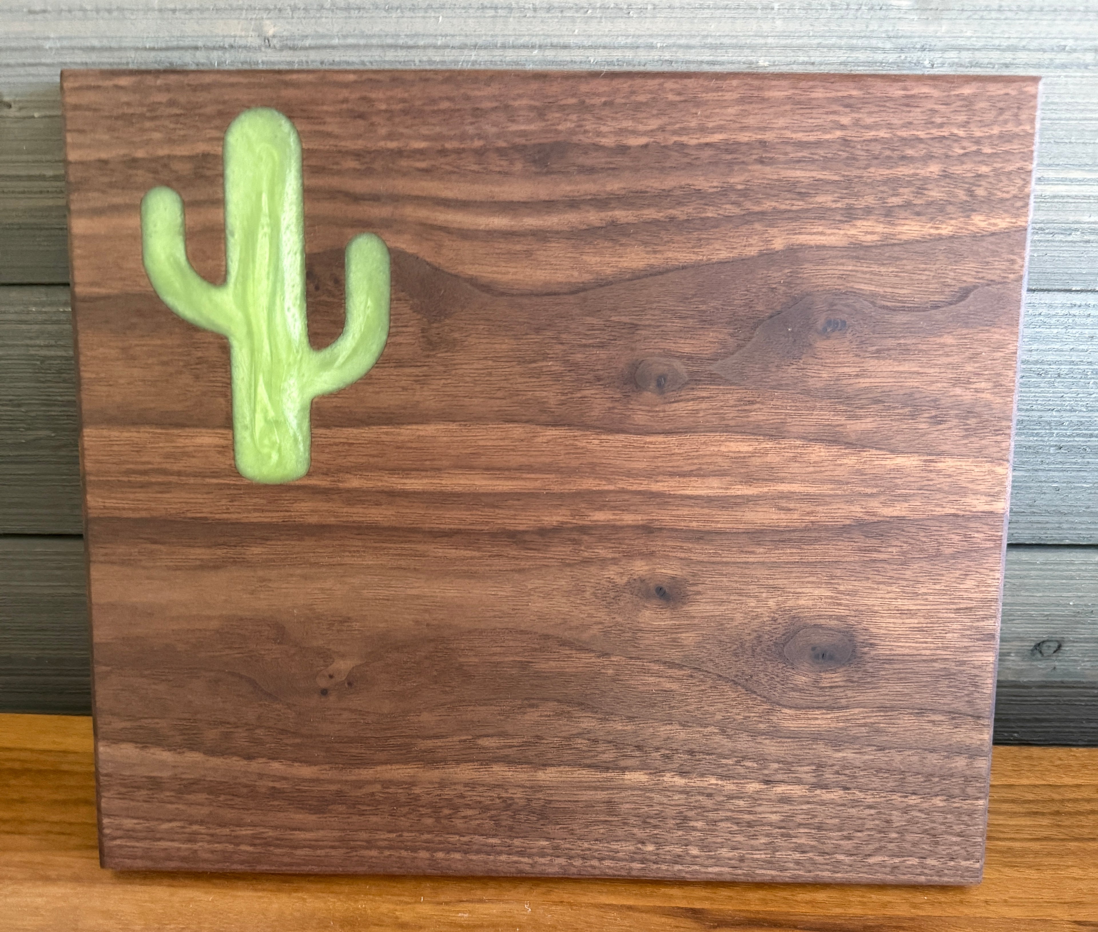 Green Sahuaro Cactus Epoxy Inlay on a Piece of Beautiful Walnut Wood Cutting Board