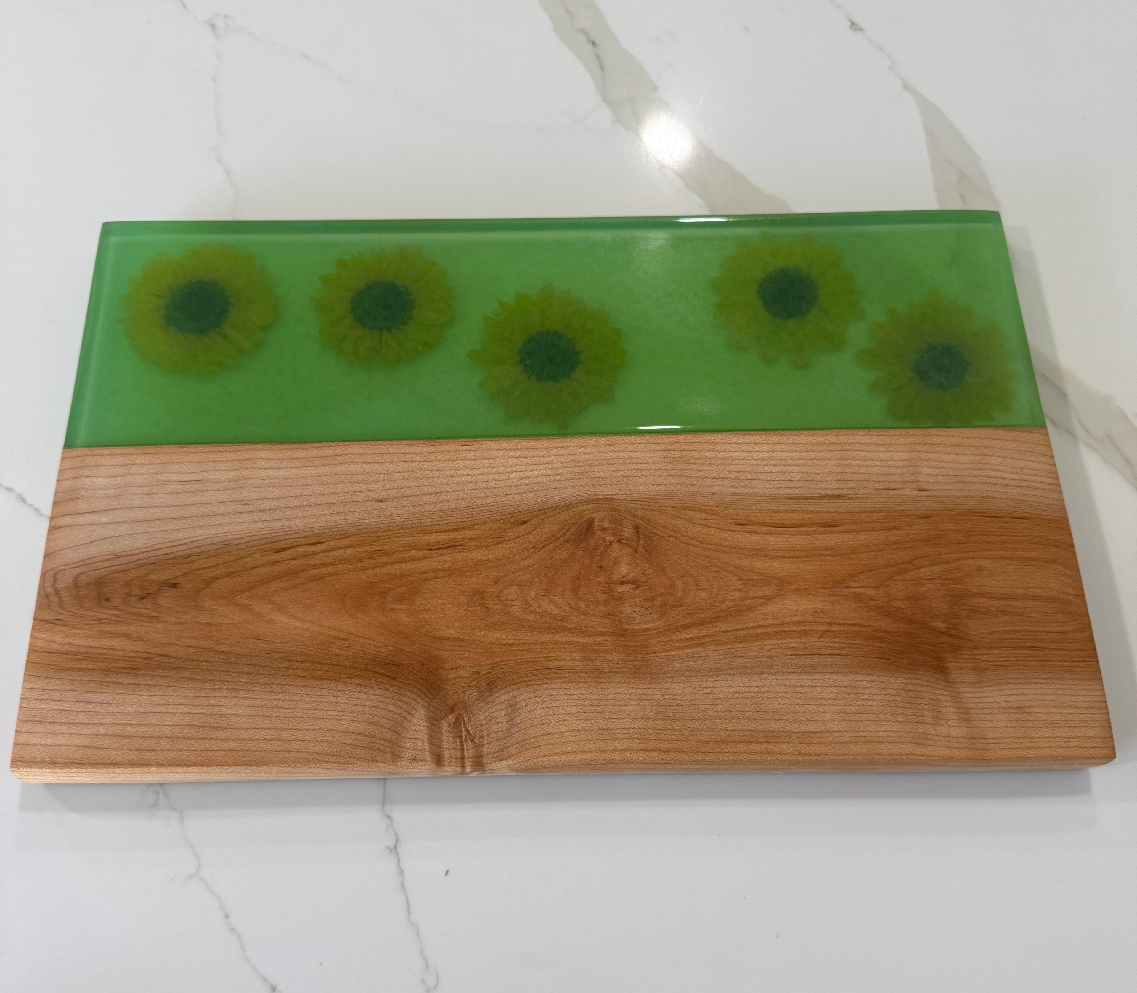 Sunflowers Embedded in Epoxy with Beautiful Maple Wood Surface.