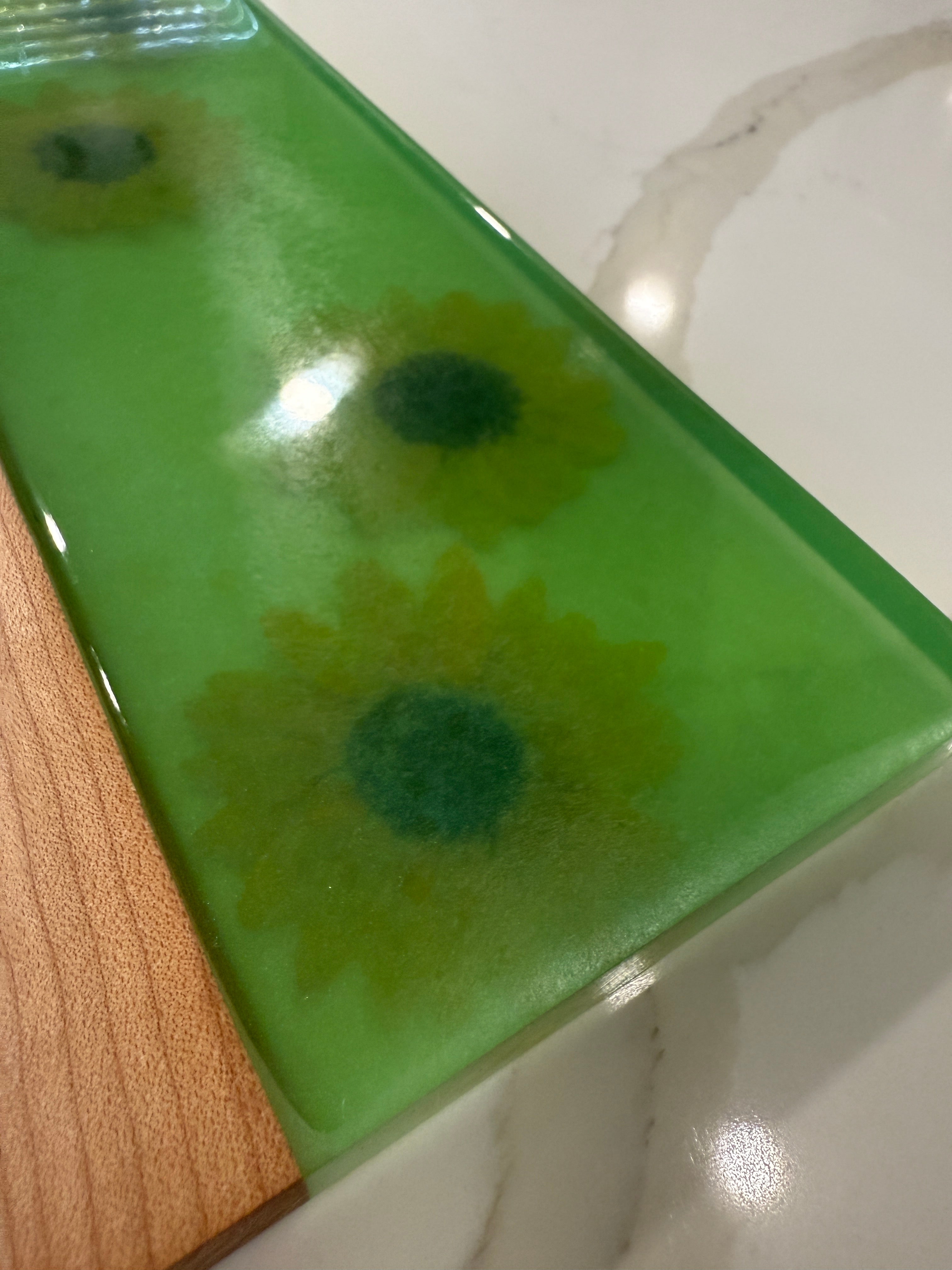 Sunflowers Embedded in Epoxy with Beautiful Maple Wood Surface.
