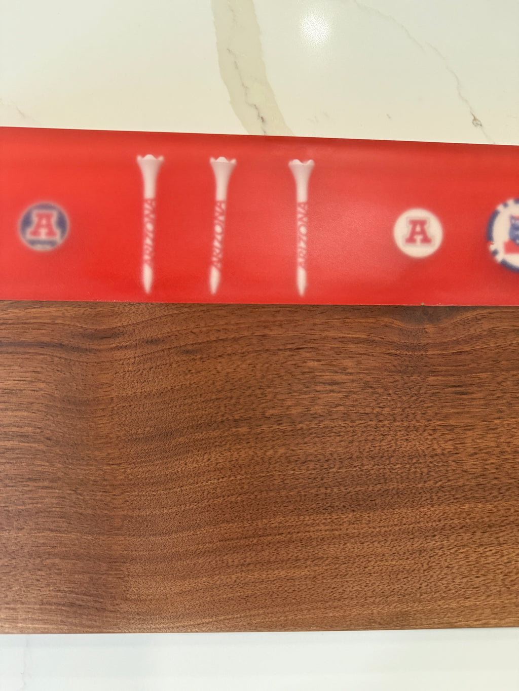 University Of Arizona Themed Cutting Board Embedded with Arizona Logos.  Beautiful thick Walnut Wood.