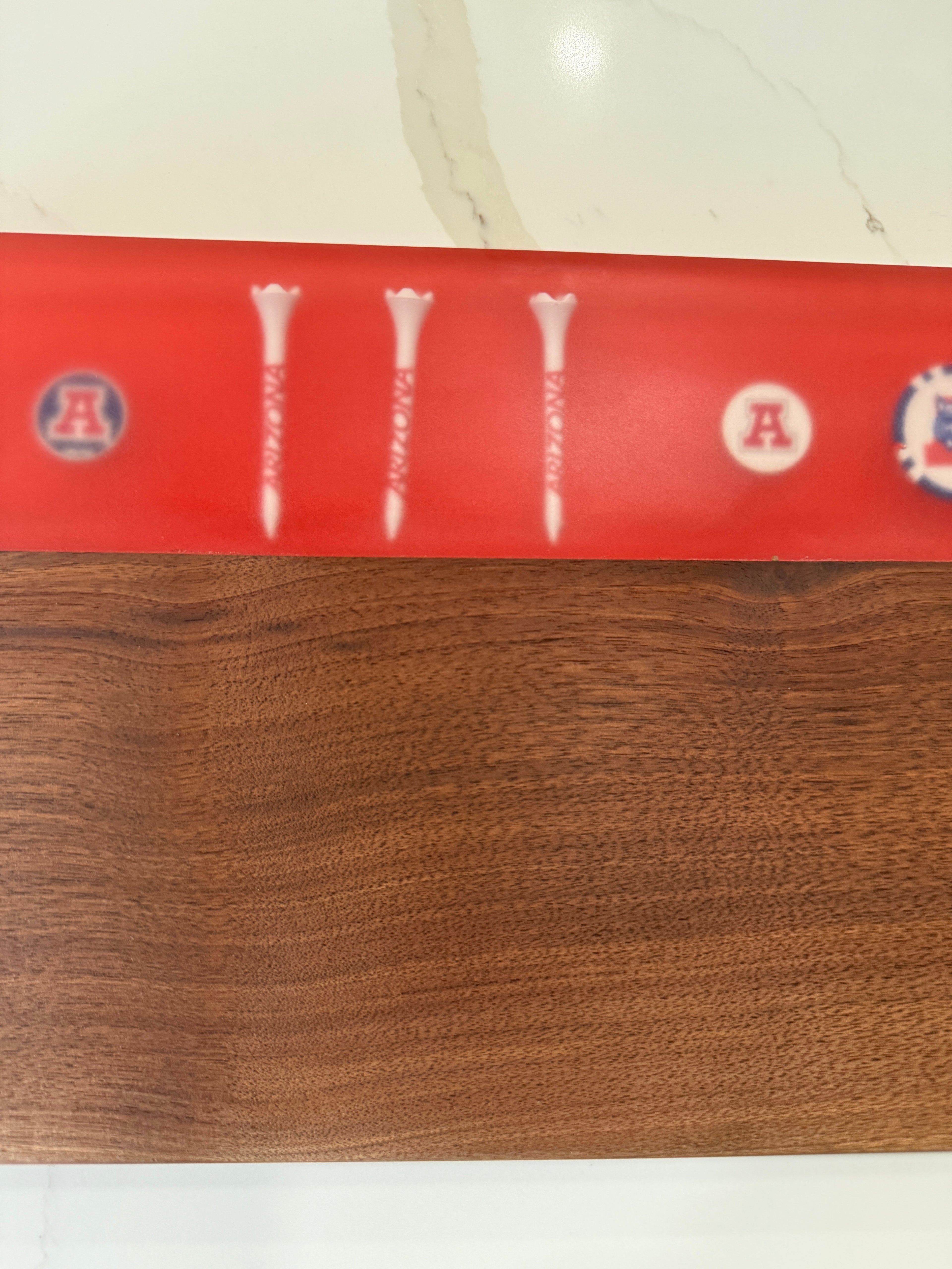 University Of Arizona Themed Cutting Board Embedded with Arizona Logos.  Beautiful thick Walnut Wood.