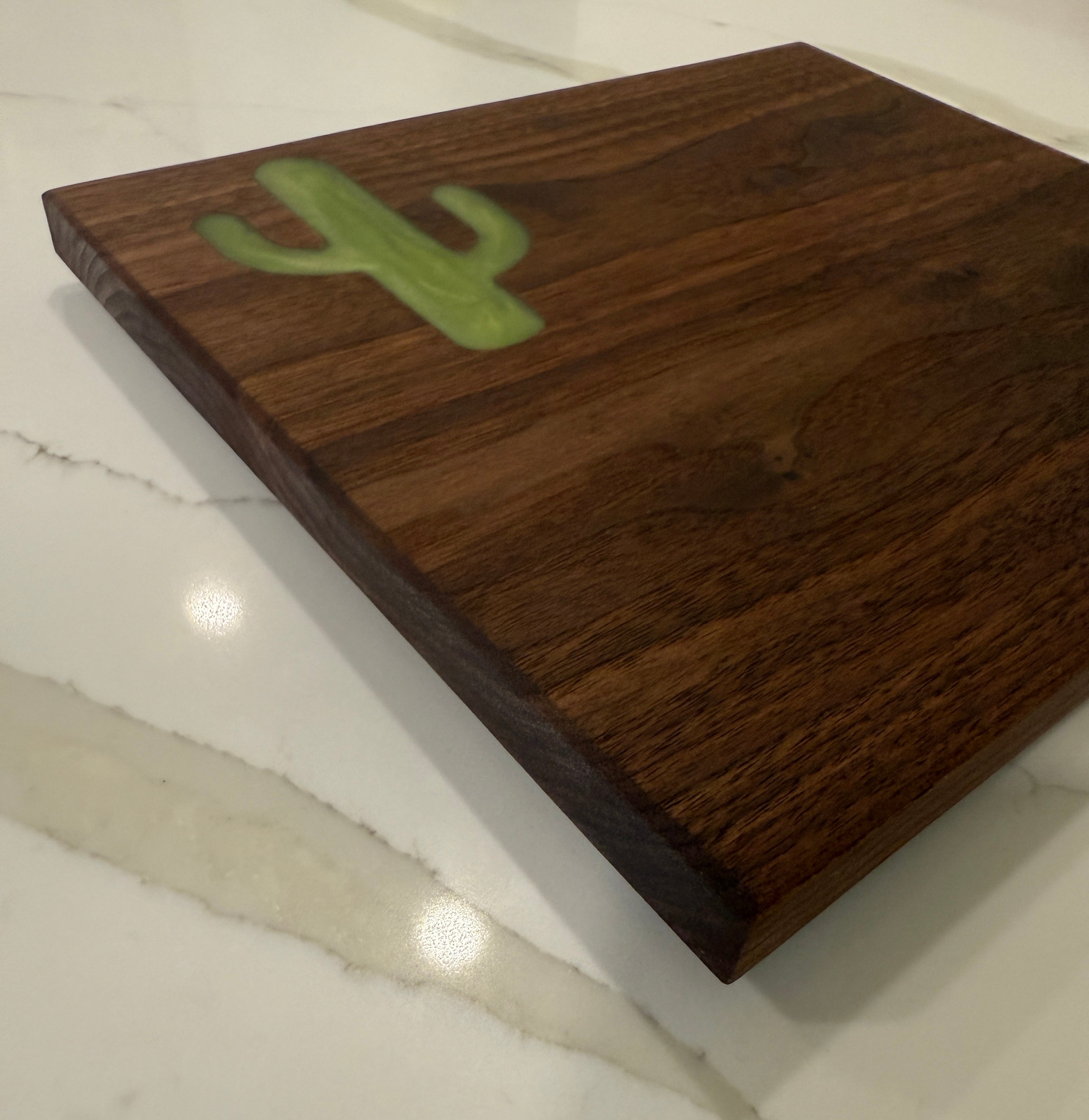 Green Sahuaro Cactus Epoxy Inlay on a Piece of Beautiful Walnut Wood Cutting Board