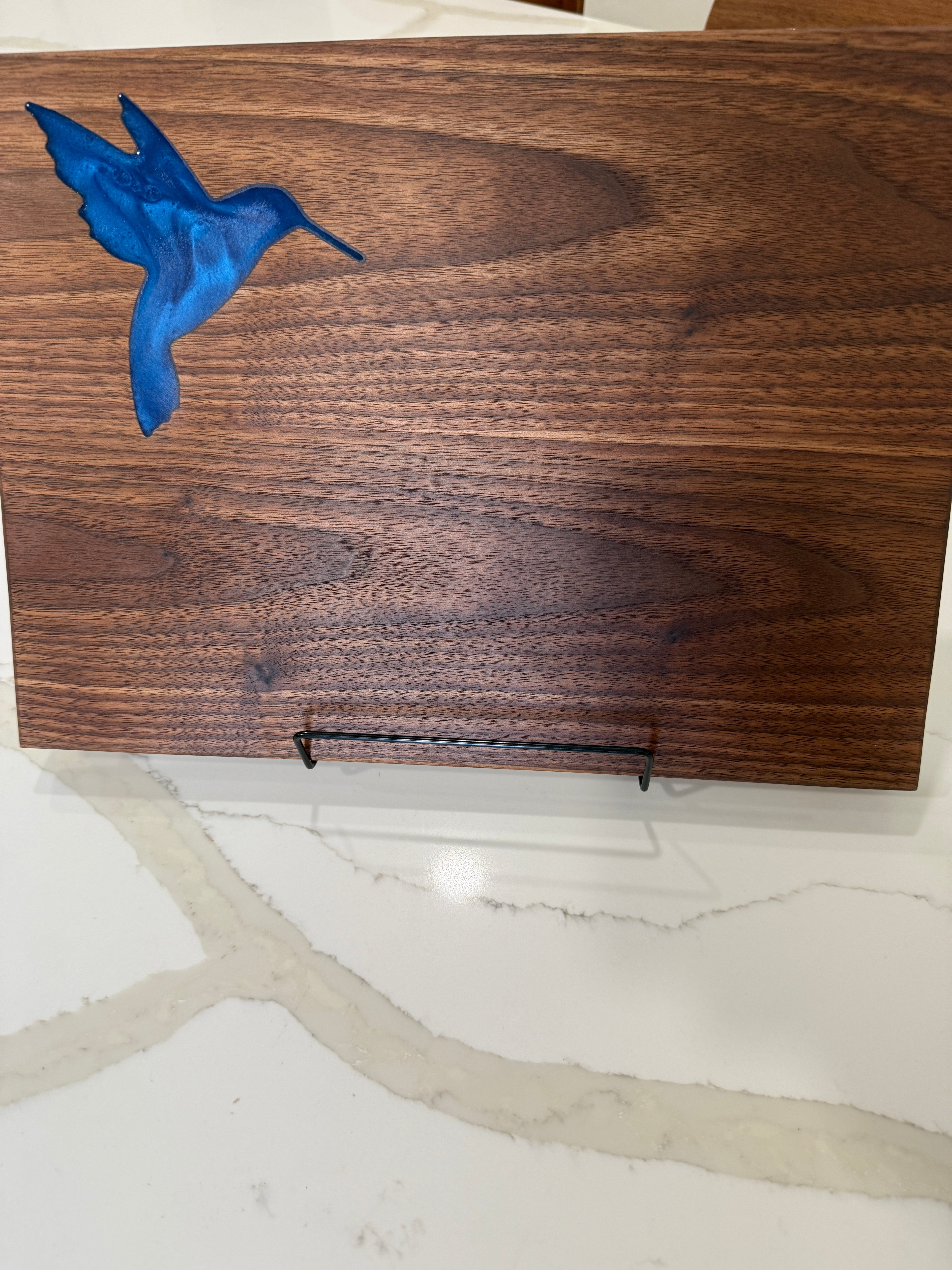 Blue Epoxy Hummingbird Inlay Cutting Board with Walnut Wood