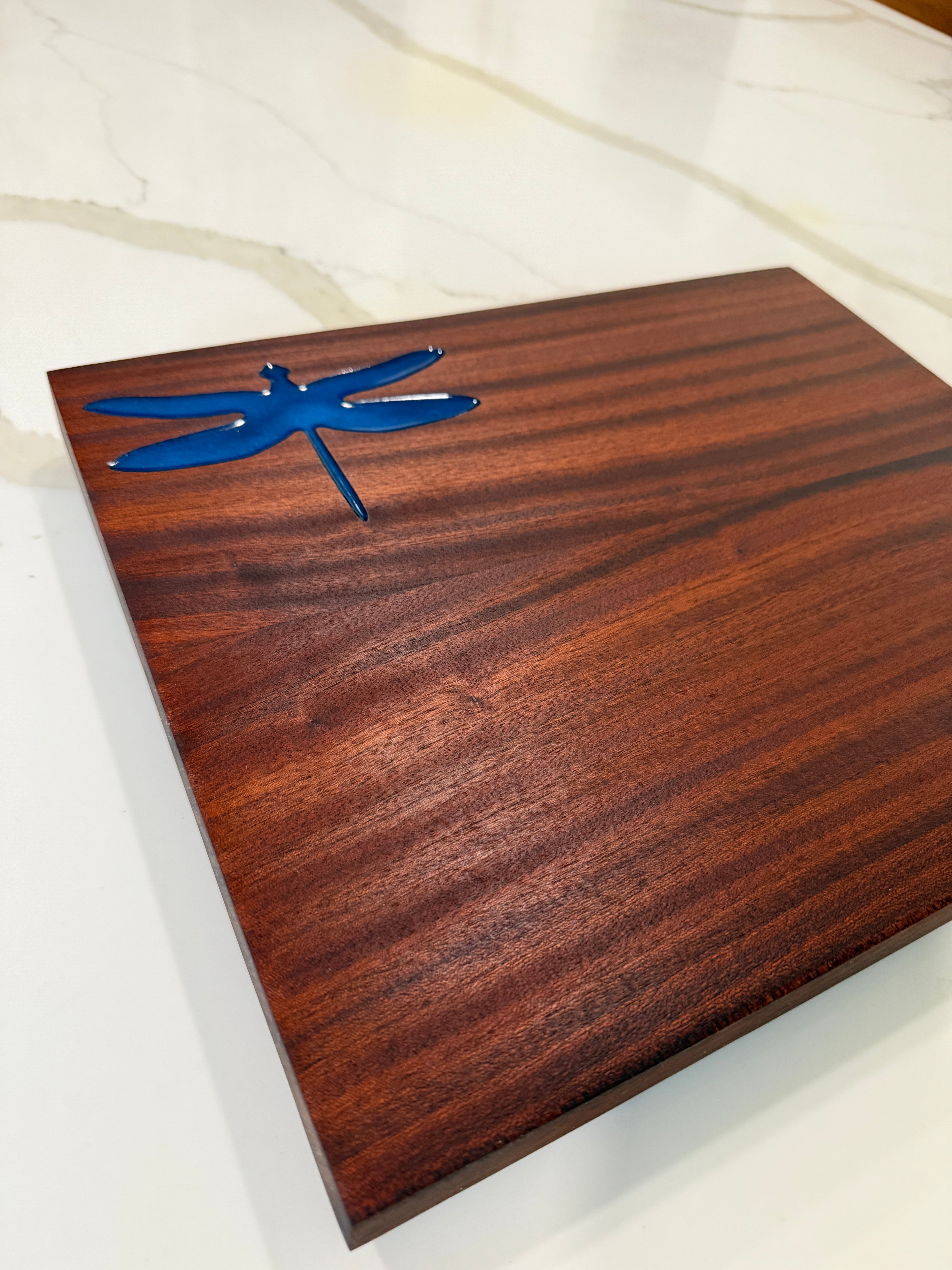 Mahogany cutting board with dragonfly Epoxy Inlay