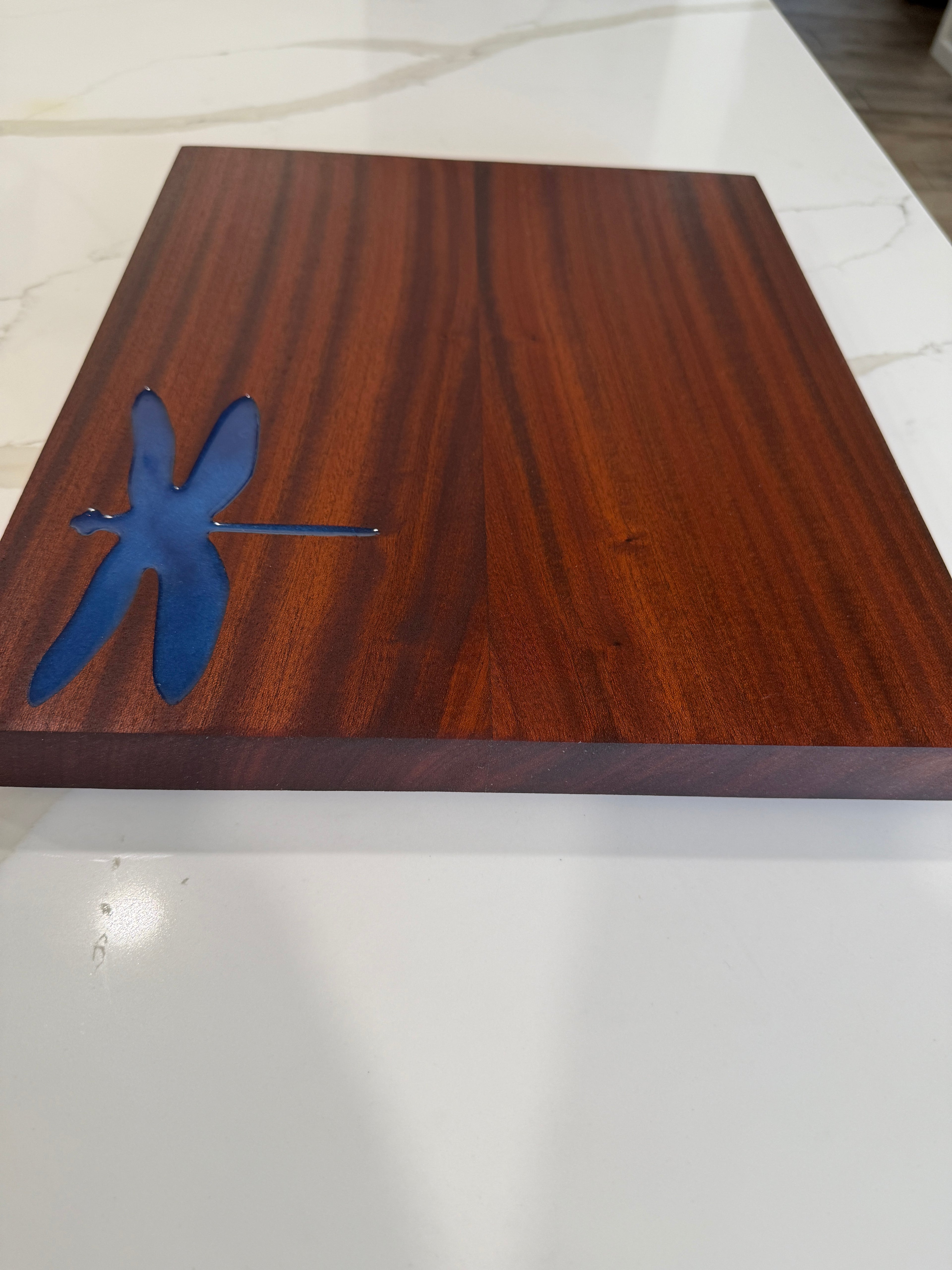 Mahogany cutting board with dragonfly Epoxy Inlay