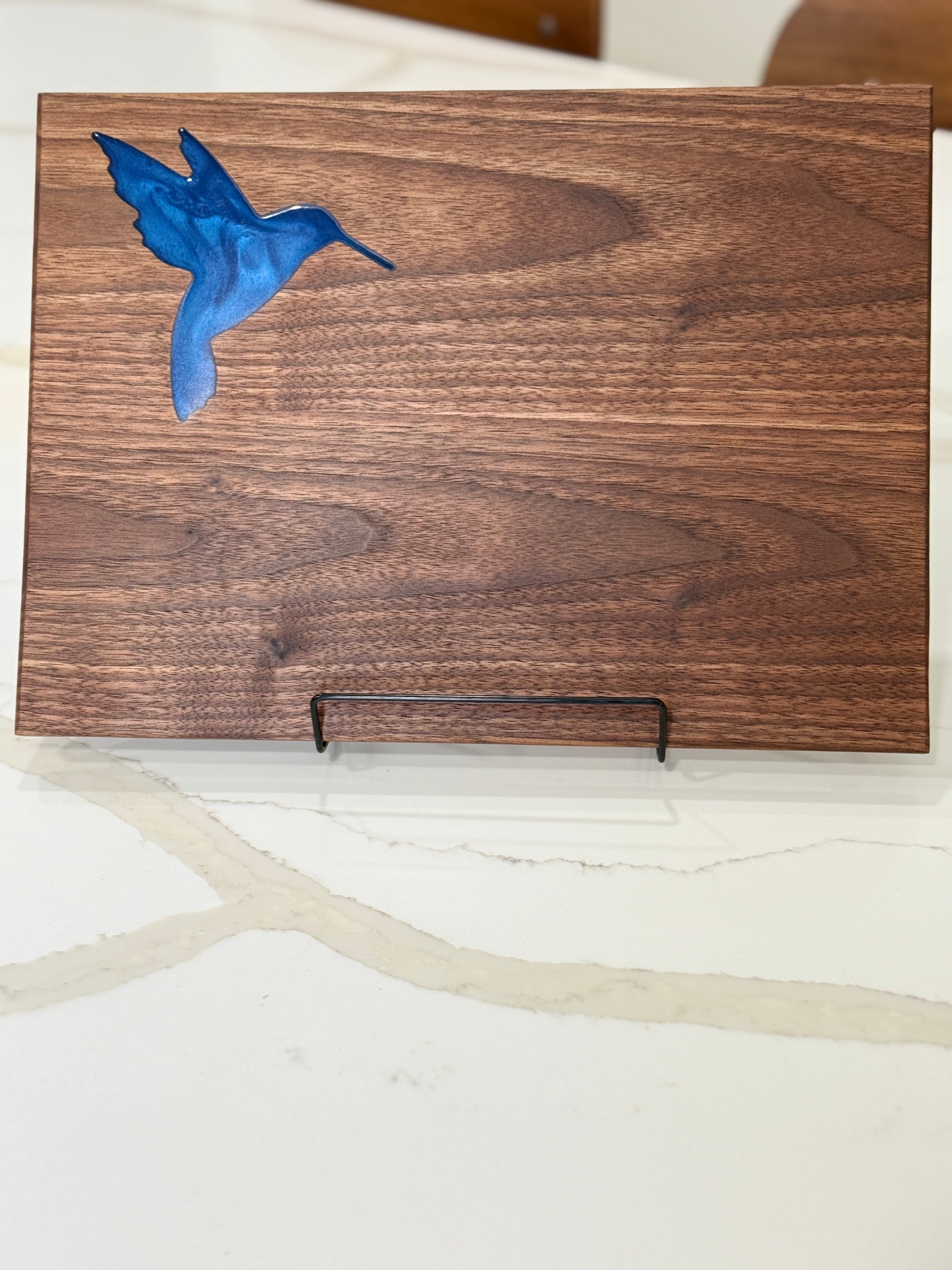 Blue Epoxy Hummingbird Inlay Cutting Board with Walnut Wood