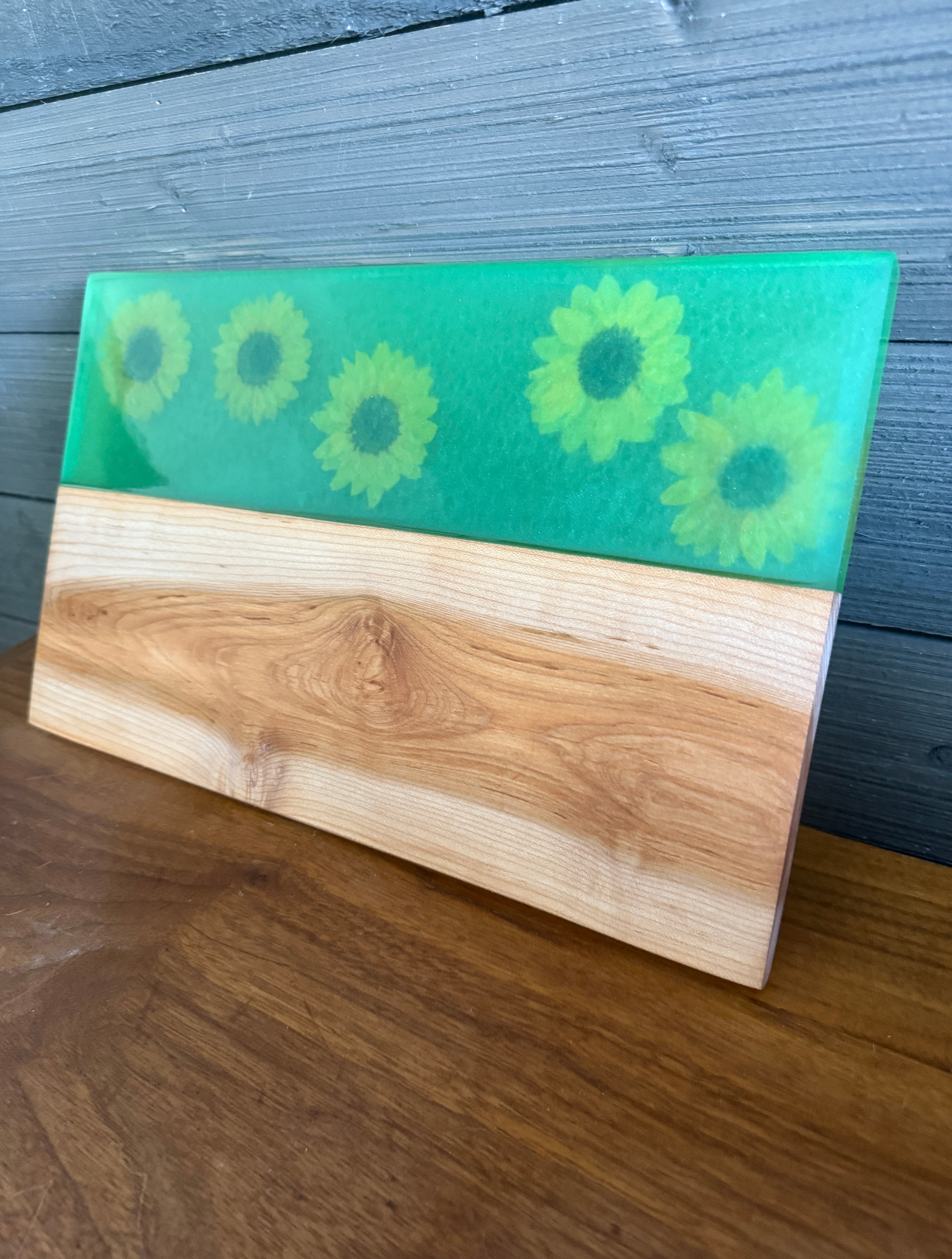 Sunflowers Embedded in Epoxy with Beautiful Maple Wood Surface.