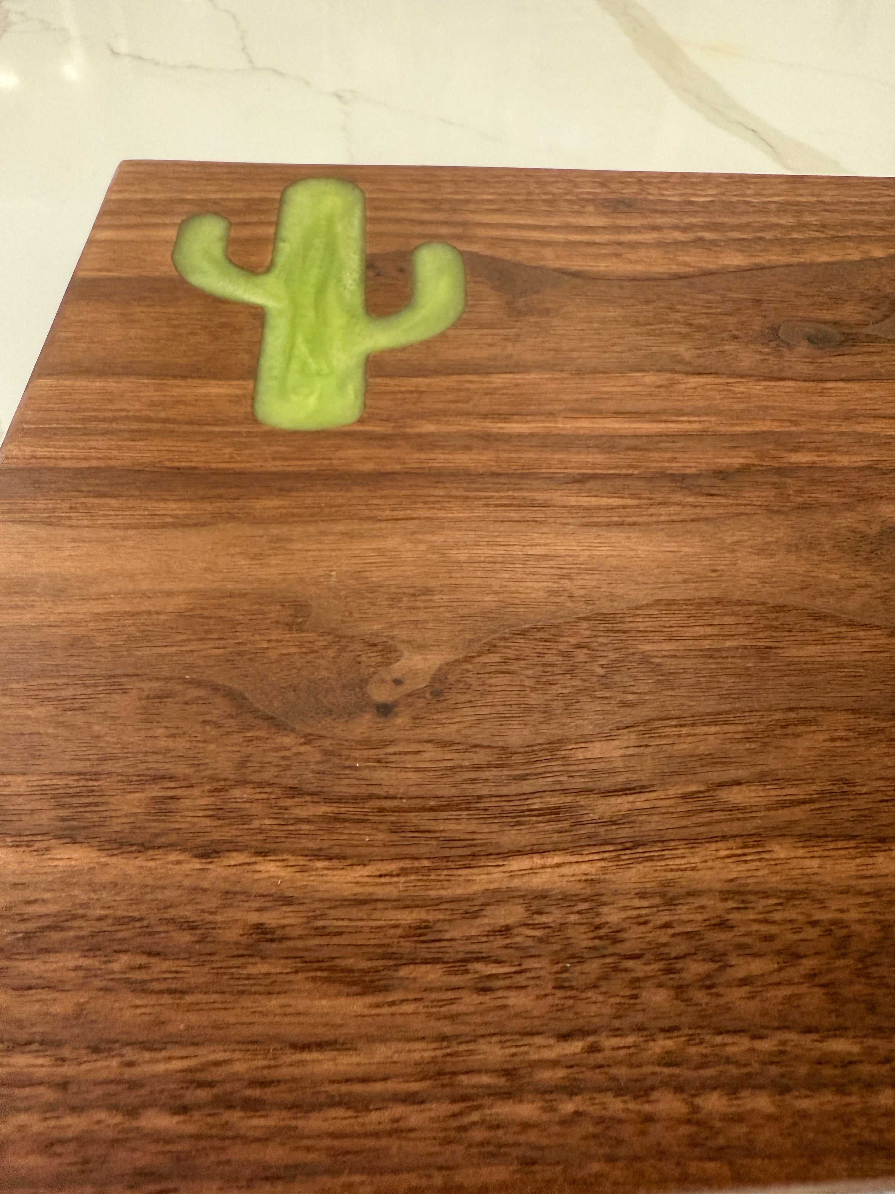 Green Sahuaro Cactus Epoxy Inlay on a Piece of Beautiful Walnut Wood Cutting Board