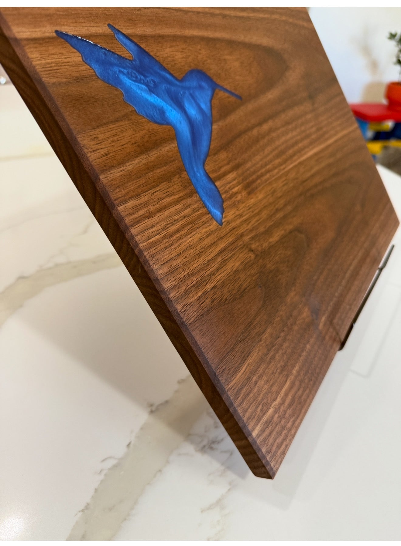 Blue Epoxy Hummingbird Inlay Cutting Board with Walnut Wood