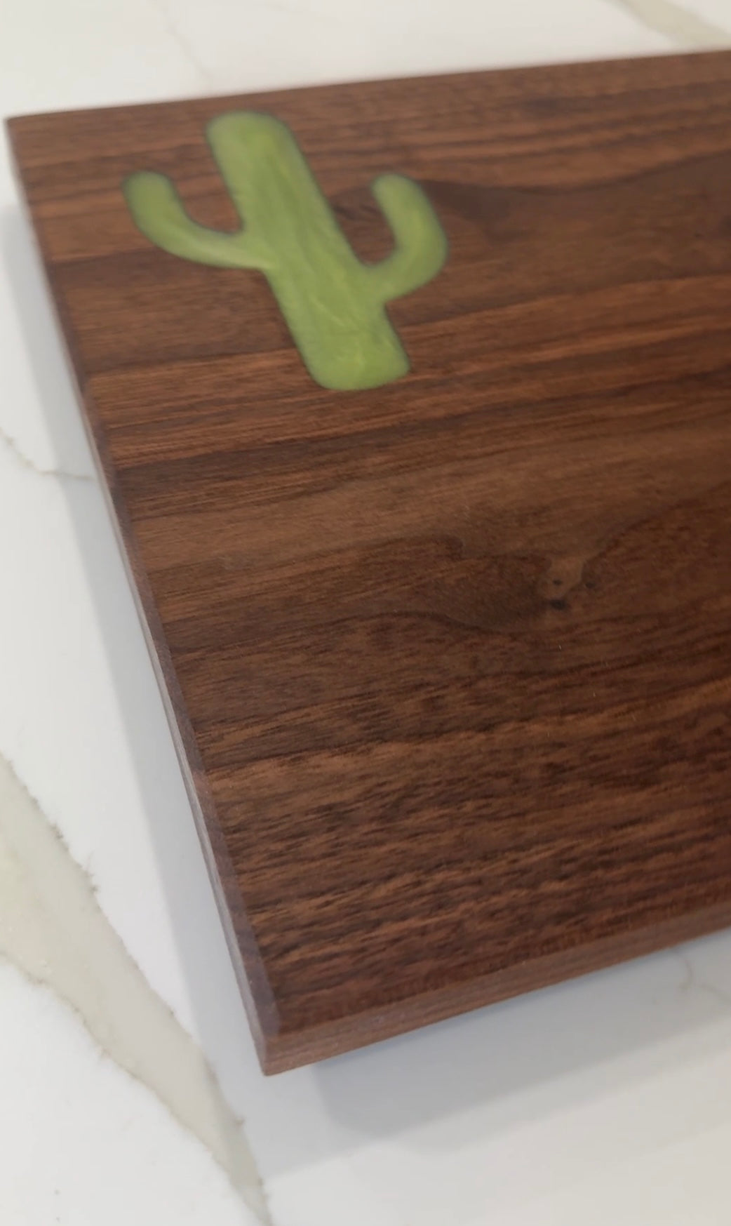 Green Sahuaro Cactus Epoxy Inlay on a Piece of Beautiful Walnut Wood Cutting Board