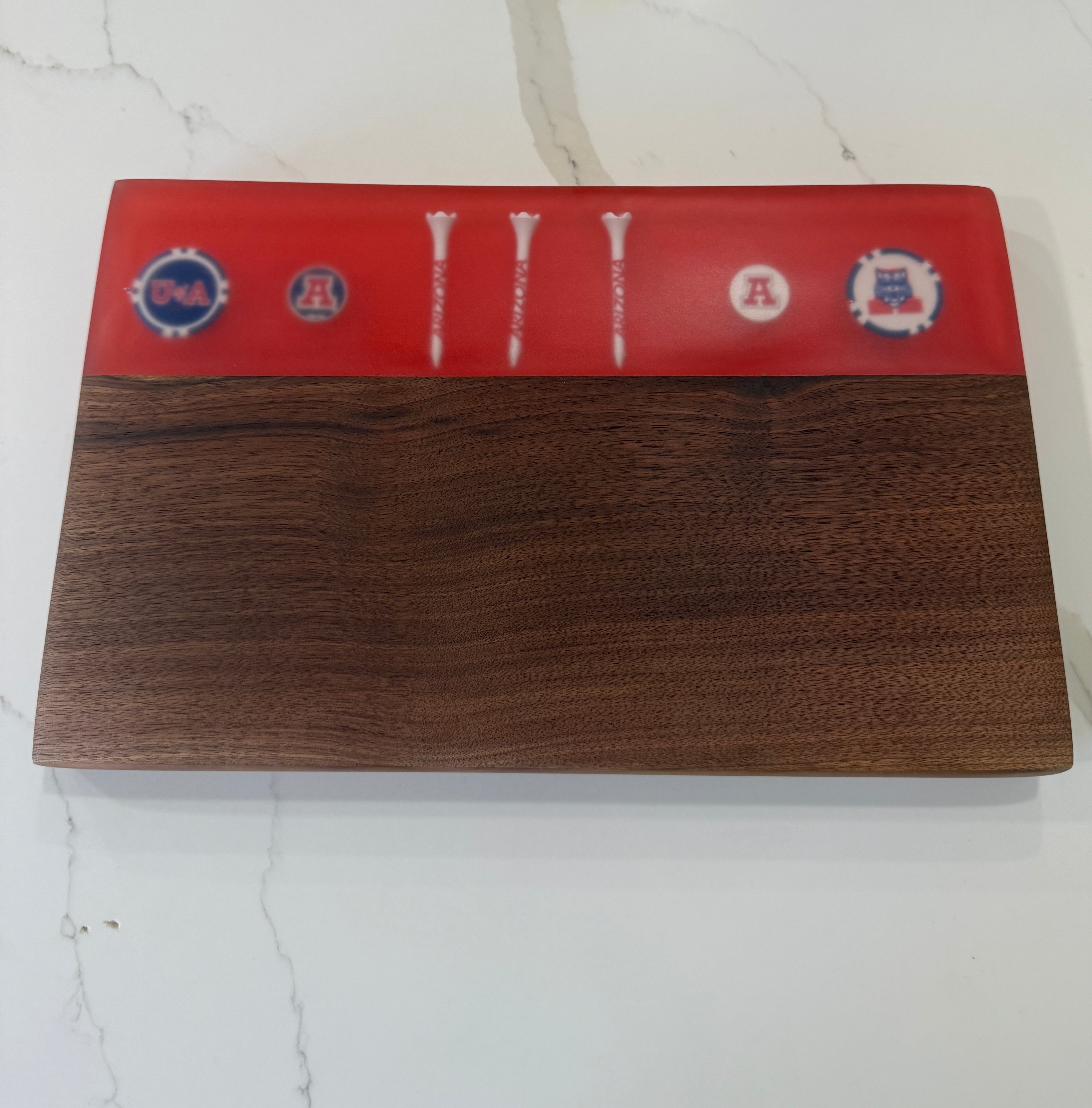 University Of Arizona Themed Cutting Board Embedded with Arizona Logos.  Beautiful thick Walnut Wood.